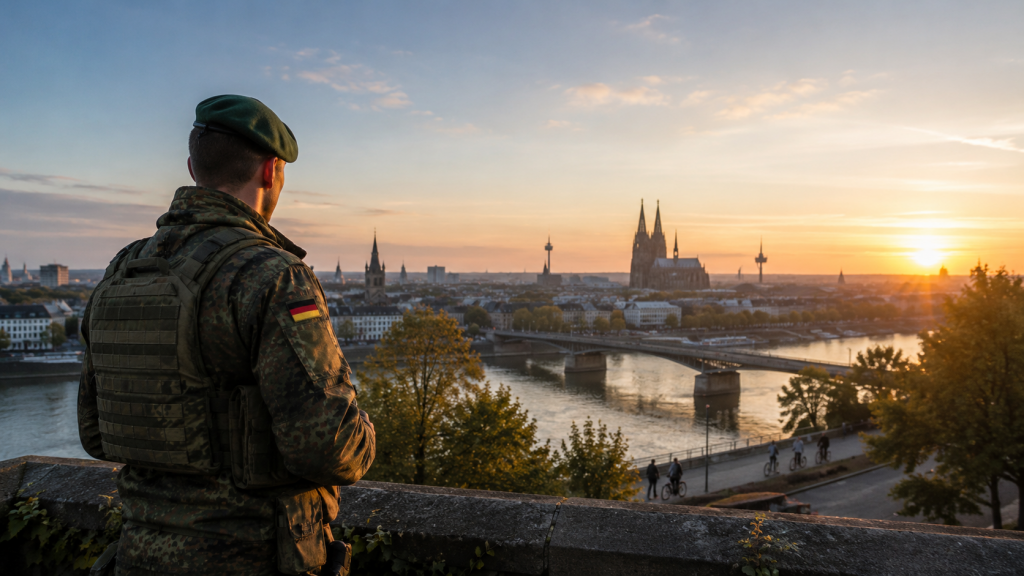Ein Soldat blickt über eine friedliche Stadt im Abendlicht als Symbol für Verteidigung, Schutz und Verantwortung.