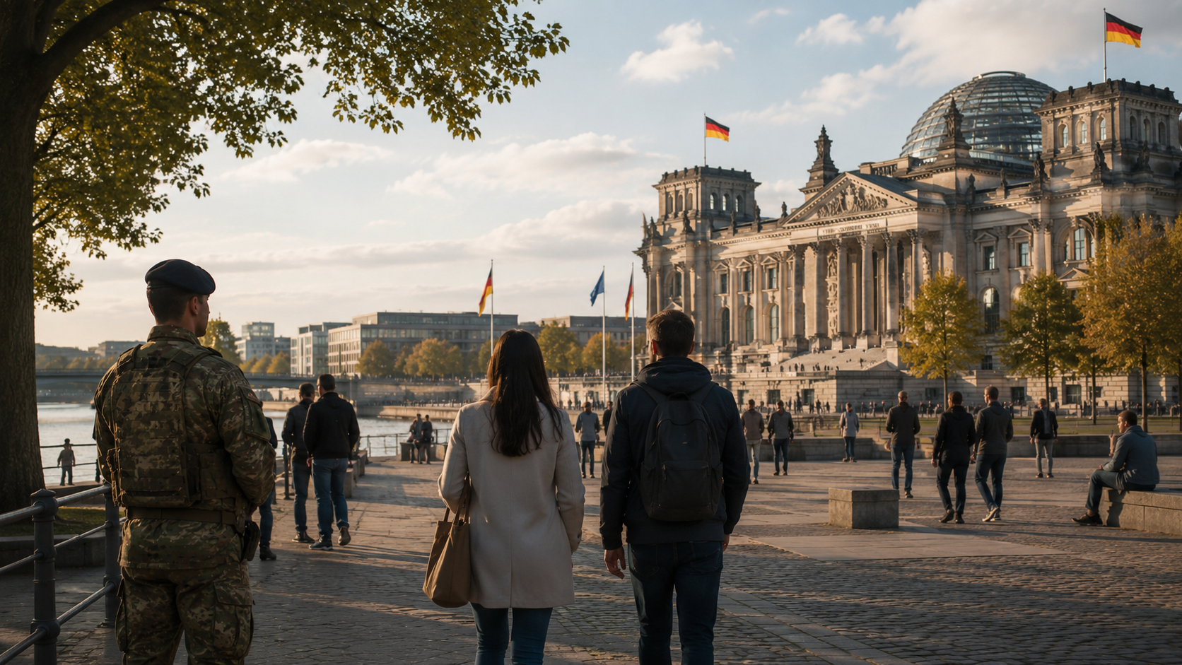 Bürgerinnen und Bürger vor einem Parlamentsgebäude mit Soldat im Hintergrund als Symbol für Demokratie, Freiheit und Wehrhaftigkeit.