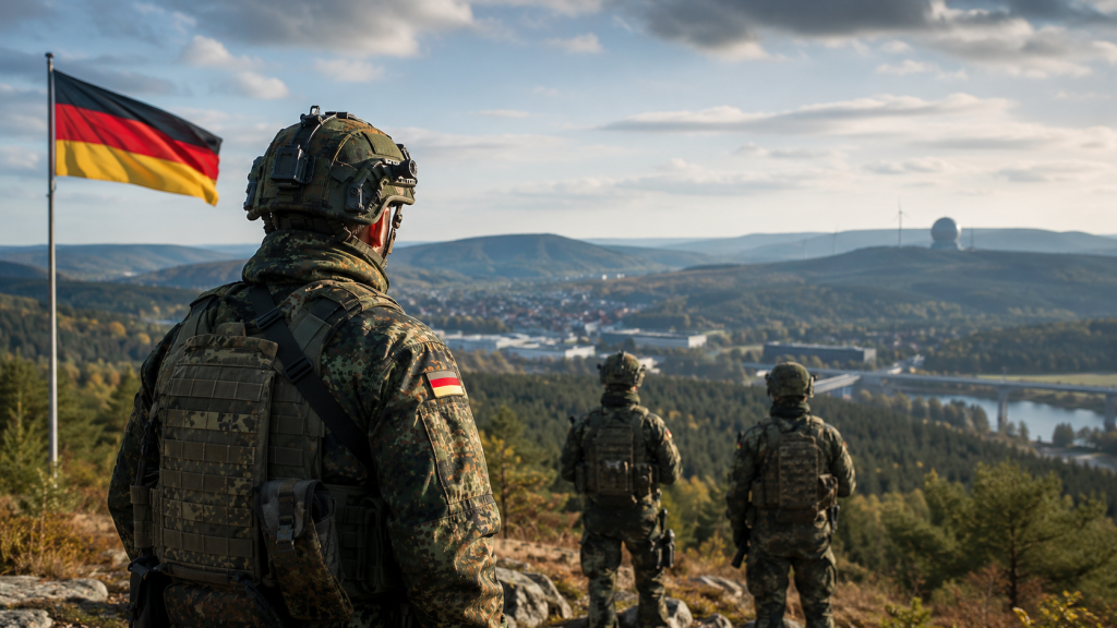 Soldaten der Bundeswehr blicken mit deutscher Flagge über eine Landschaft als Symbol für Reserve, Heimatschutz und Verteidigungsfähigkeit.