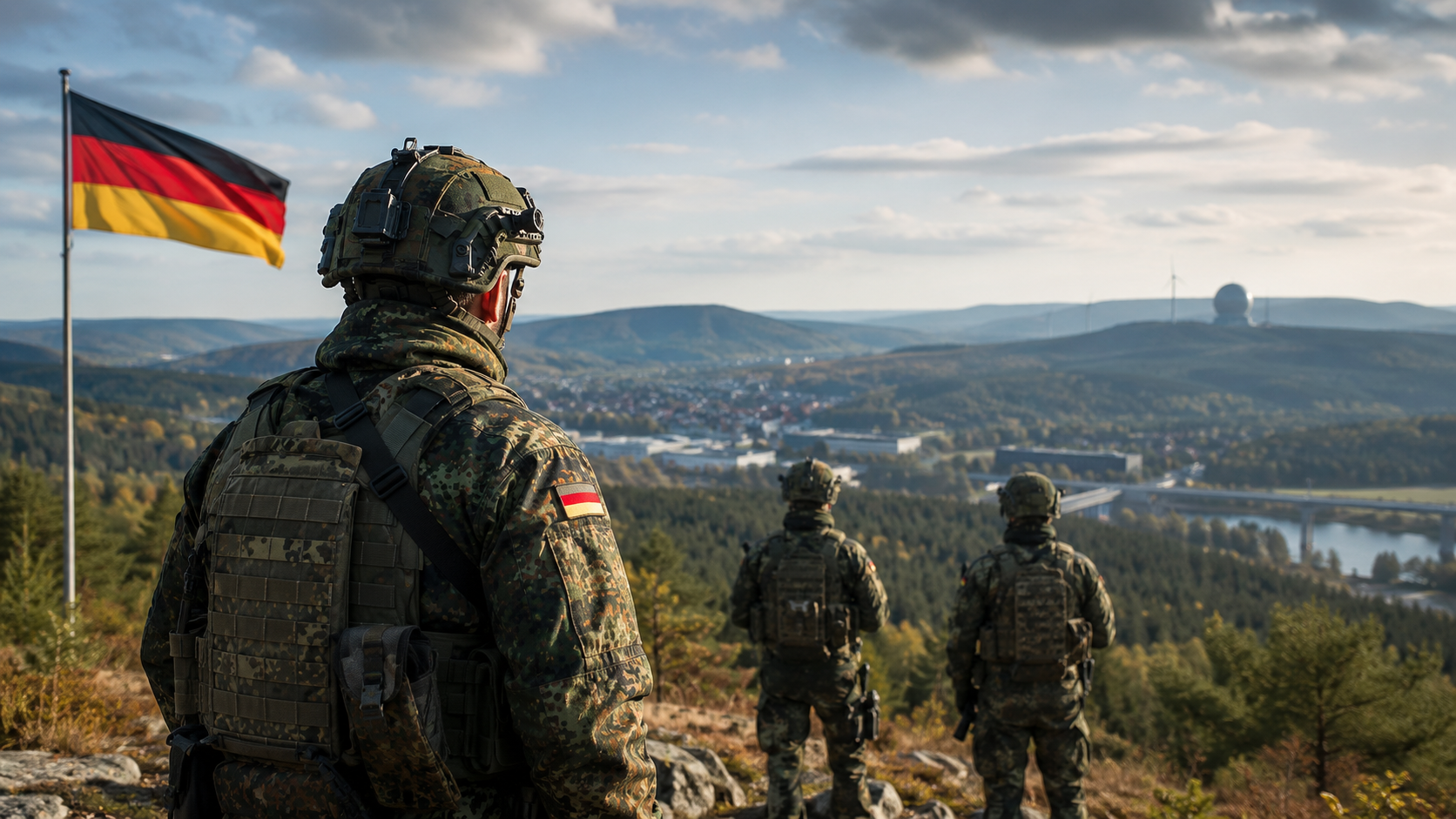 Soldaten der Bundeswehr blicken mit deutscher Flagge über eine Landschaft als Symbol für Reserve, Heimatschutz und Verteidigungsfähigkeit.